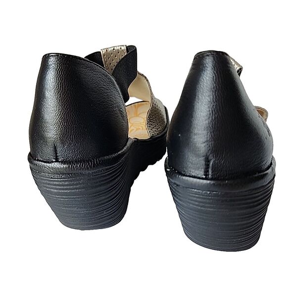 Fly London Peep Toe Shoes Womens EU 38 US 7.5 - 8 Wedge Gold Perforated Black - Picture 4 of 13